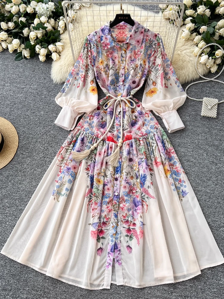 

France Elegant Vintage Palace Evening Dress Women Print Ruffle Flounce Long Party Dress Female Casual Chic Festival Clothing New