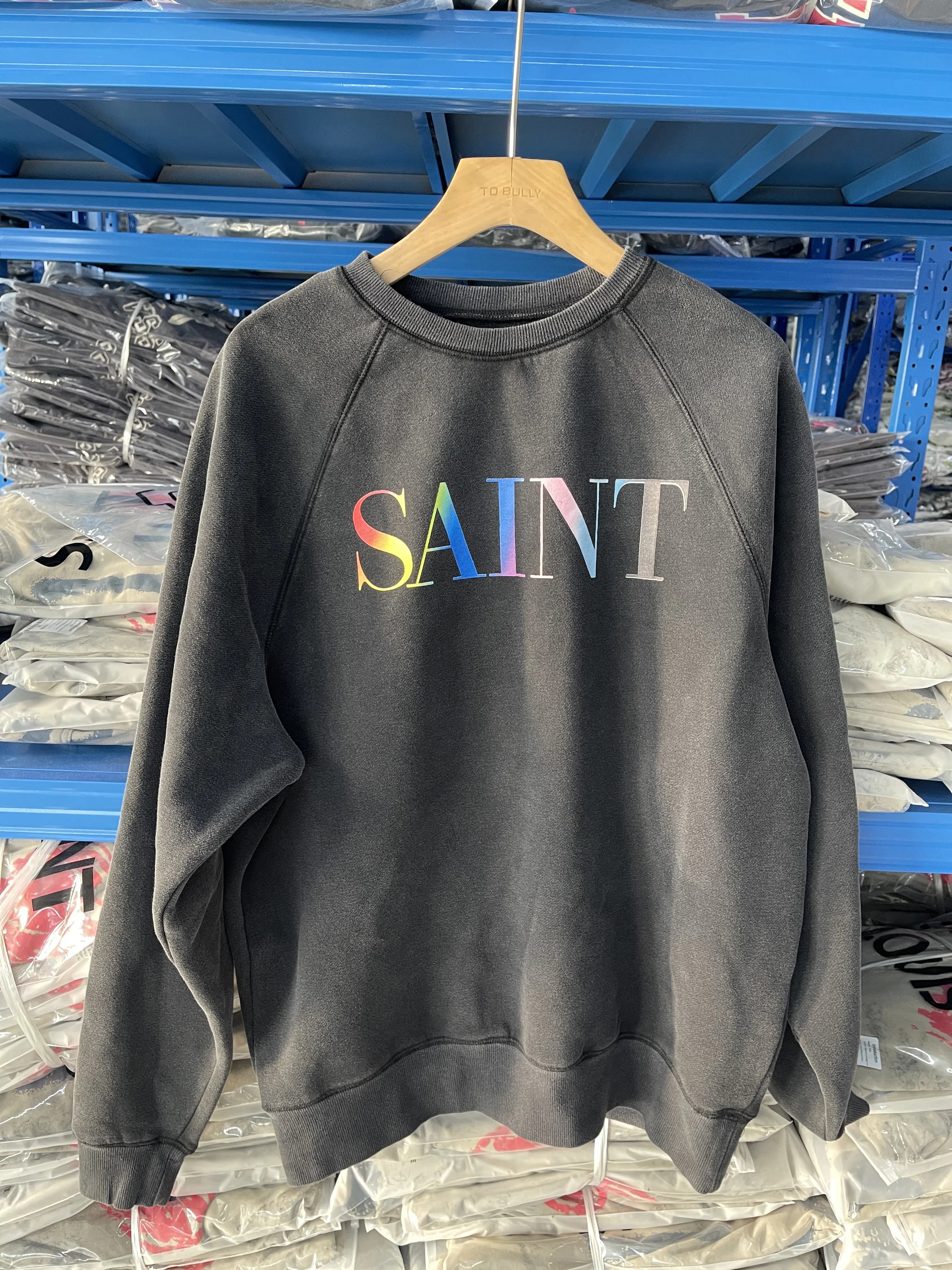 High Quality SAINT 24FW Rainbow Letter Printed Washed Pure Cotton Round Neck Hoodie High Street Loose Japanese Style Oversize