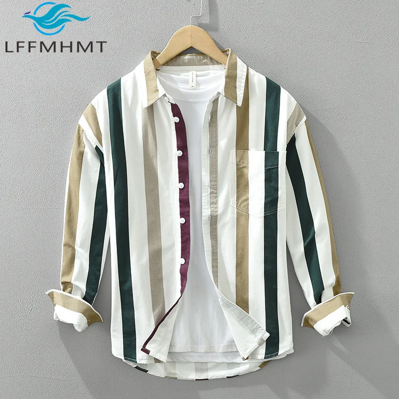 

7220 Japan Style Trendy Striped Long Sleeve Shirt Men's Casual Loose Daily Versatile Literature 100% Cotton Good Quality Tops