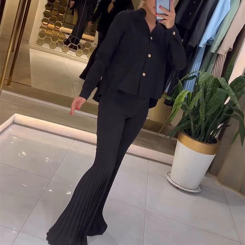 

New Autumn Women's V-neck Long Sleeved Top and Flare Pants Set Elegant Office Temperament Slim Suit Casual Solid Pleated Outfits