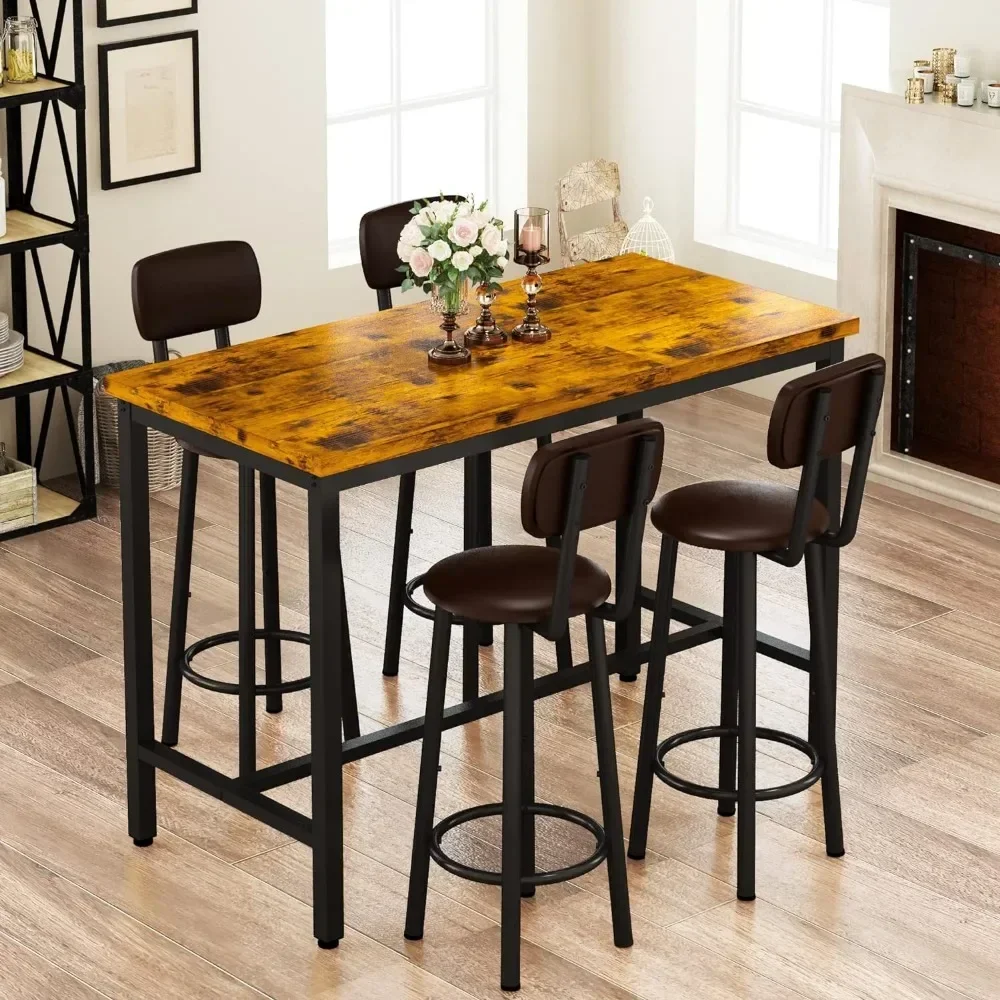 Dining table with 4 PU cushioned stools and backrests,counter height kitchen table set of 5pieces,family kitchen breakfast table