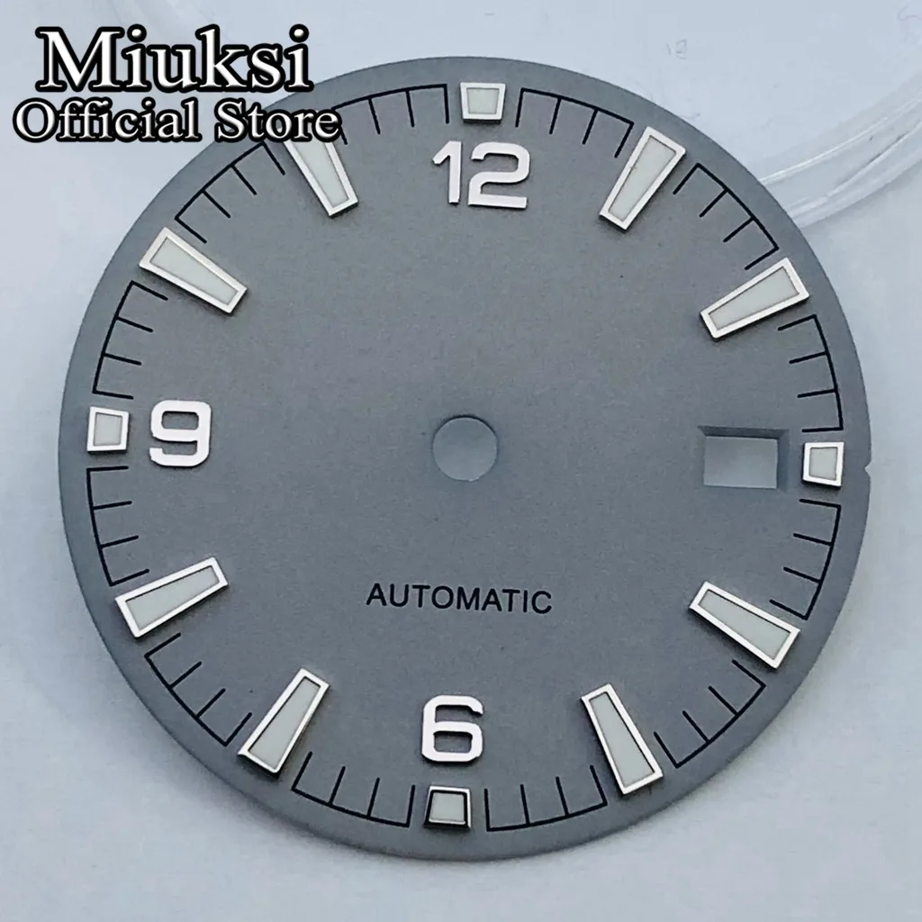 Miuksi 31mm black blue gray white watch dial green luminous fit NH35 movement fit 3 o\'clock crown 3.8 o\'clock crown