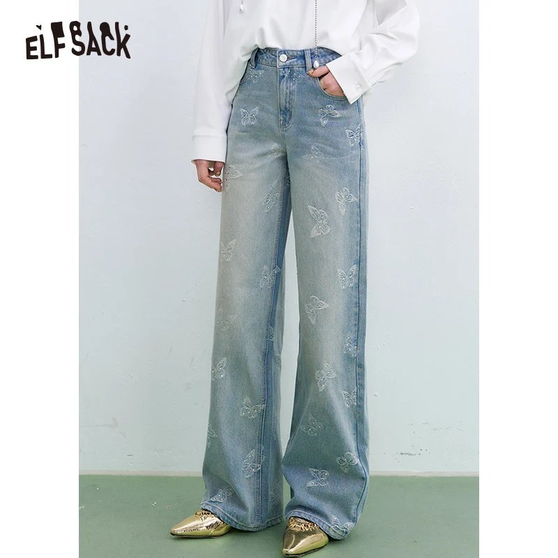 ELFSACK 2025 Spring New Arrivals Korean light blue high waist butterfly jacquard diamond straight jeans for women