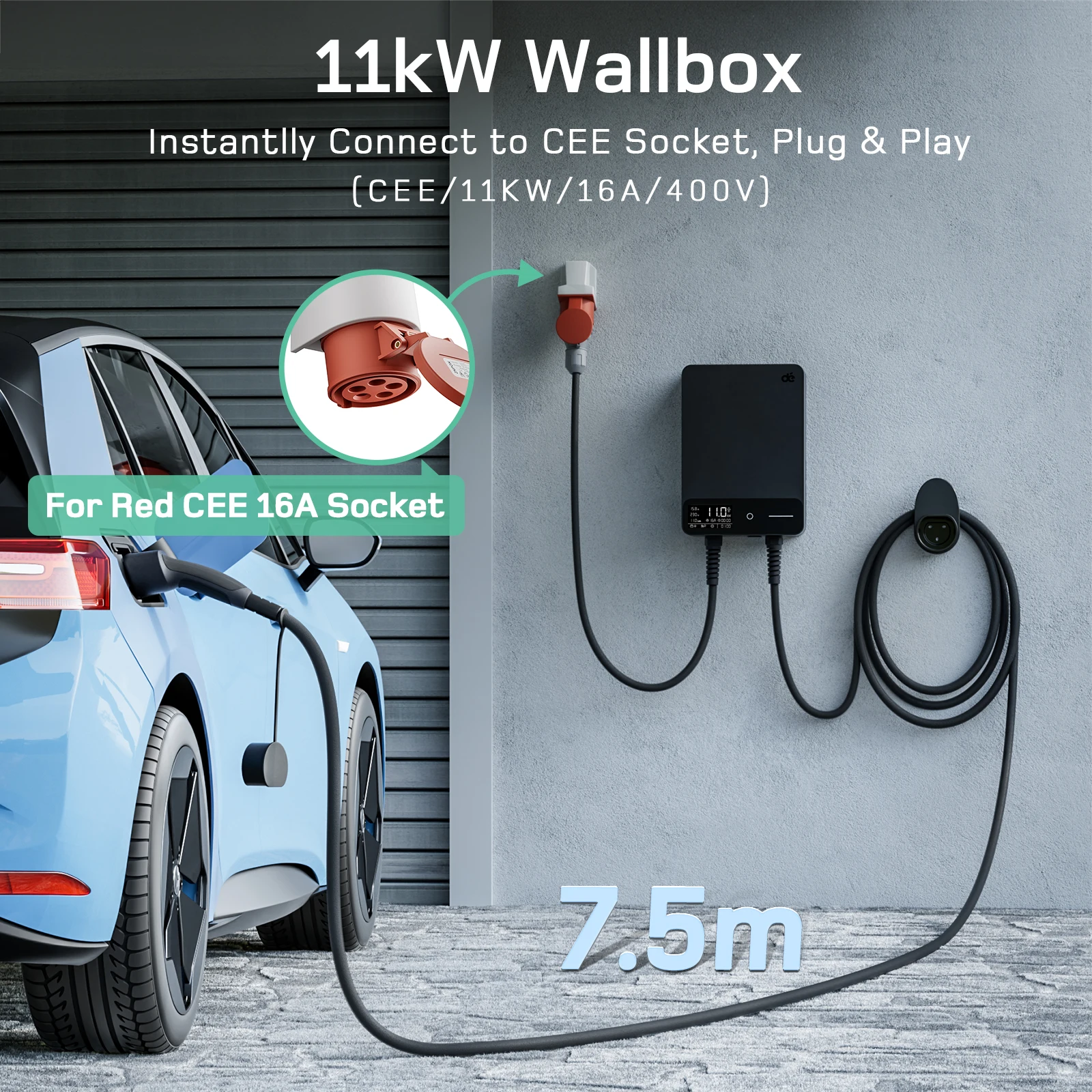 dé 11kW Wallbox Home Charging Station with APP Control 7.5m Charging Cable CEE to Type 2 EV Charger 16A 3-phase EV Charger EVSE