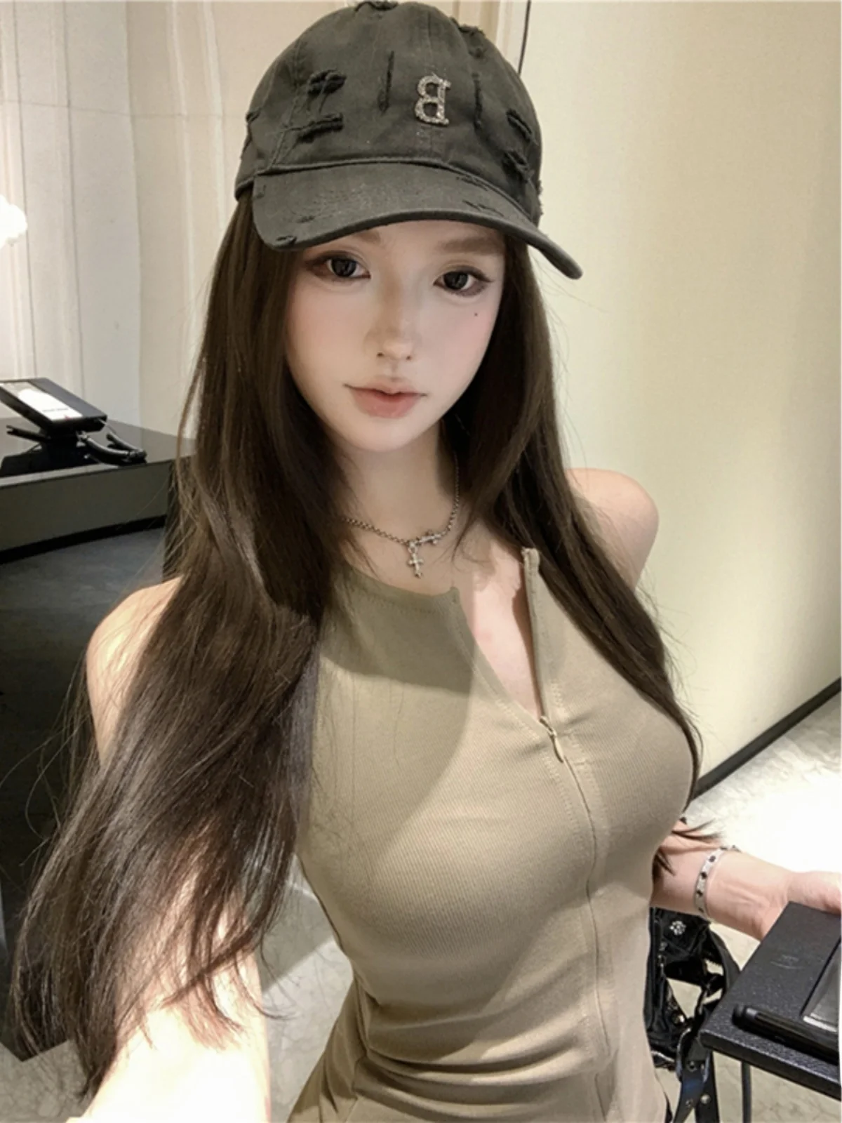 pure-desire-baiyaan-zipper-round-ne-svel-women's-tank-top-waist-cinched-faionable-summer-sweatirt-sweet-sle