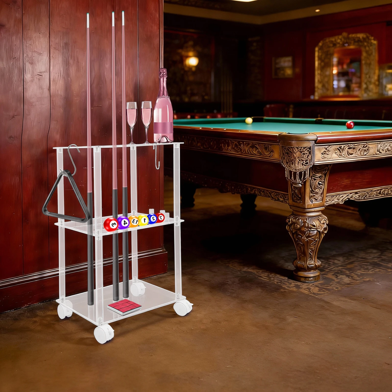 

Acrylic Cue Rack, 10-Hole High-Capacity Pool Cue Rack, Open Design, Three-Tier Shelving, Suitable for homes, and clubs