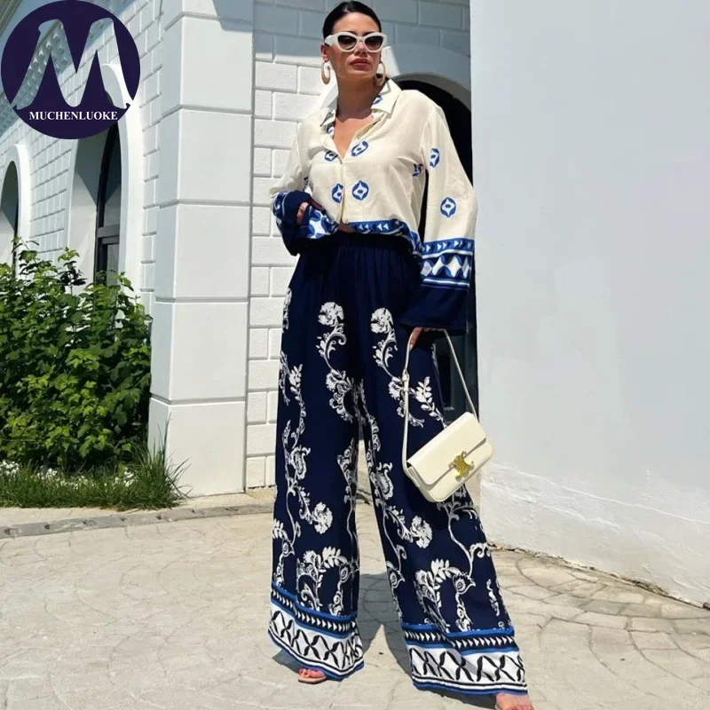 Damen Sommer Mode 2-teiliges Set: Langärmliges bedrucktes Revershemd und lockere Weithosen – Lässiges Outfit Oberteil & Unterteil Ensemble