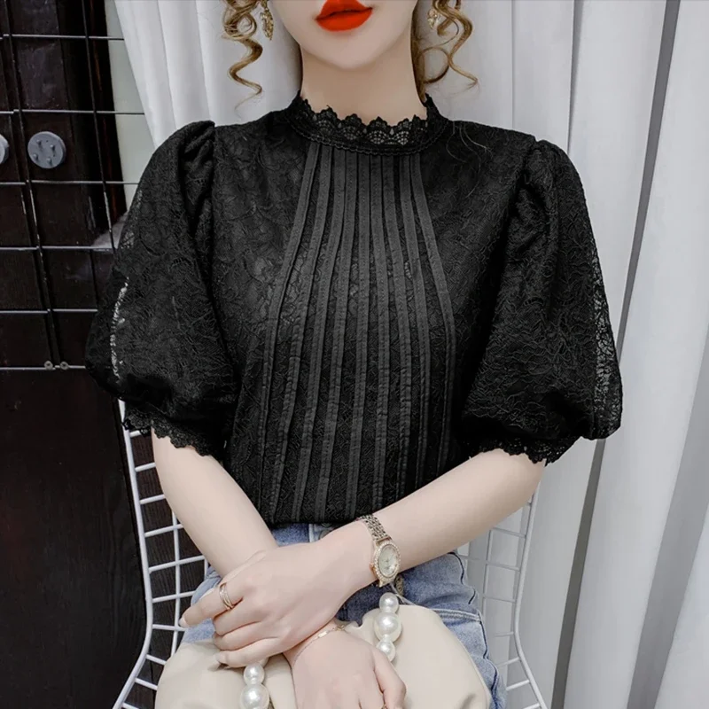 Women Summer Casual Blouses 2024 Elegant Korean Fashion Clothes Lace Shirts White Balck Ladies Vintage Puff Sleeve Tops Mujer