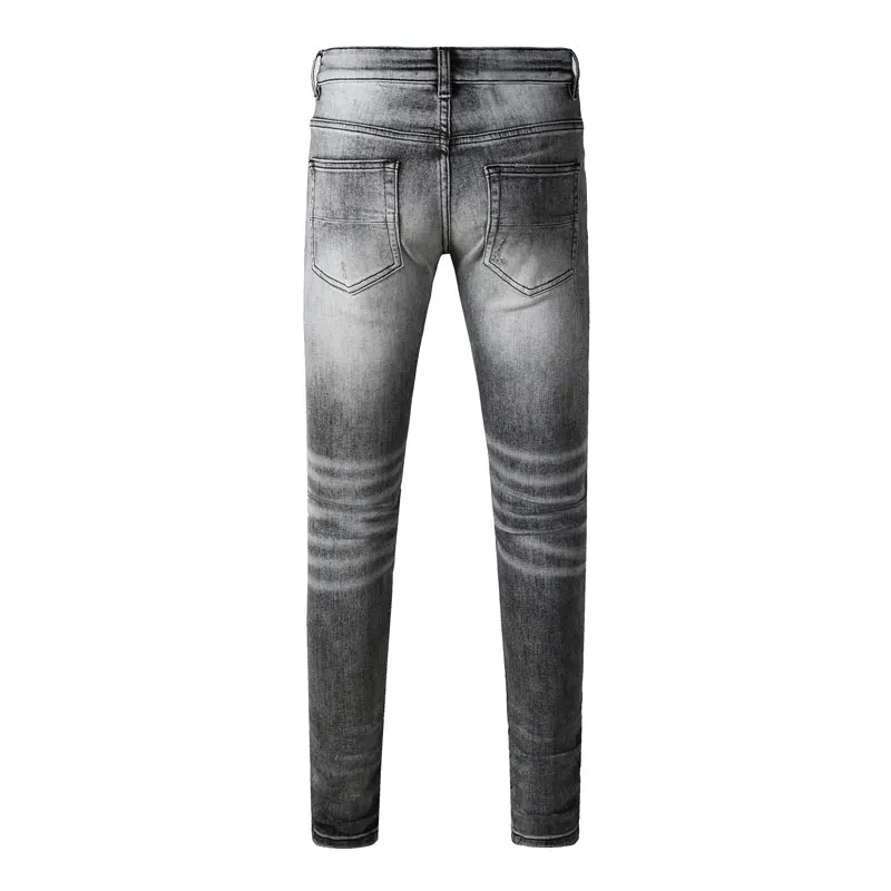 High Street Fashion Stretch Slim Fit Retro Perforated Patch Jeans Black/Gray Designer Hip-Hop Brand Patch Men's Pants