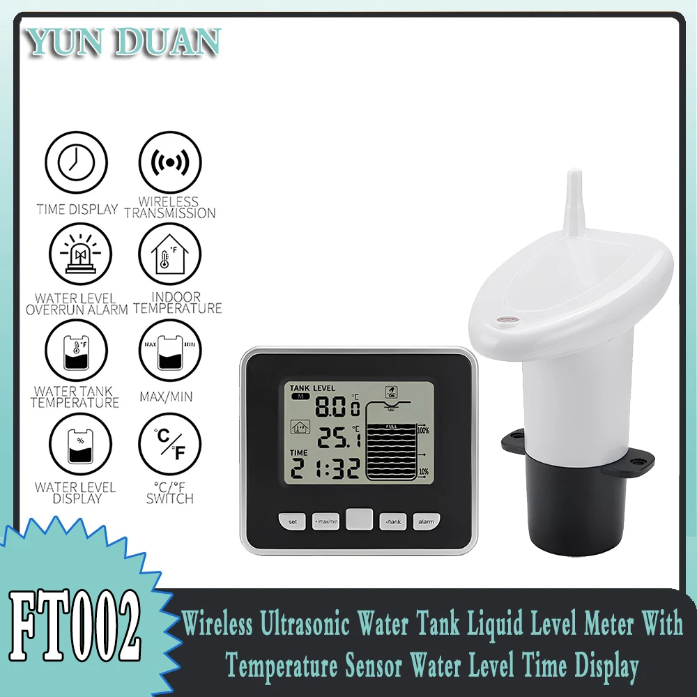 ultrasonic agua tanque nivel medidor sensor exibicao de temperatura tempo alarme transmissor receptor dispositivo de medicao de profundidade liquida ft002 01