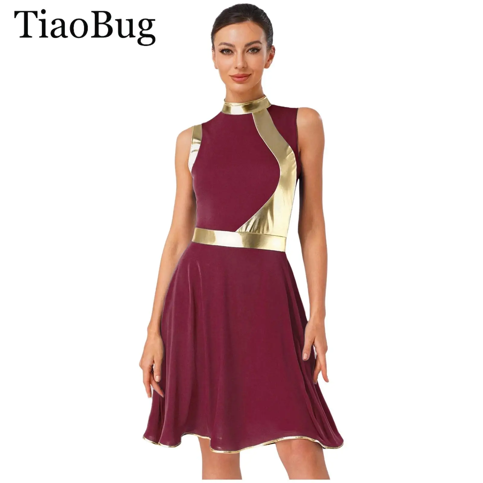 

Women Lyrical Praise Dance Dress Metallic Shiny Patchwork Sleeveless Liturgical Tunic Church Worship Choir Performance Clothes