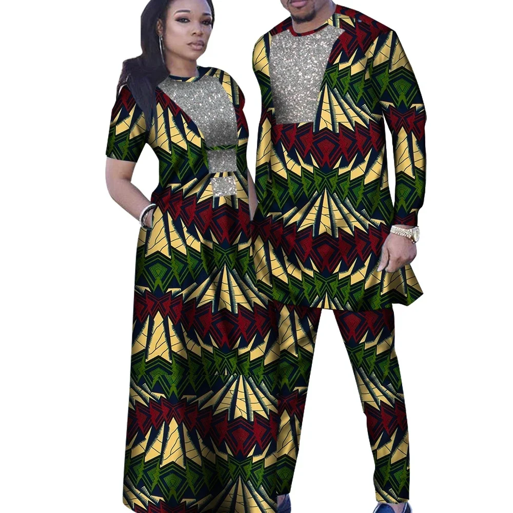 Sale! Women Print Dresses Dashiki African Outfits Couple Matching Clothes for Wedding Bazin Men Suits Jacket and Pant Sets