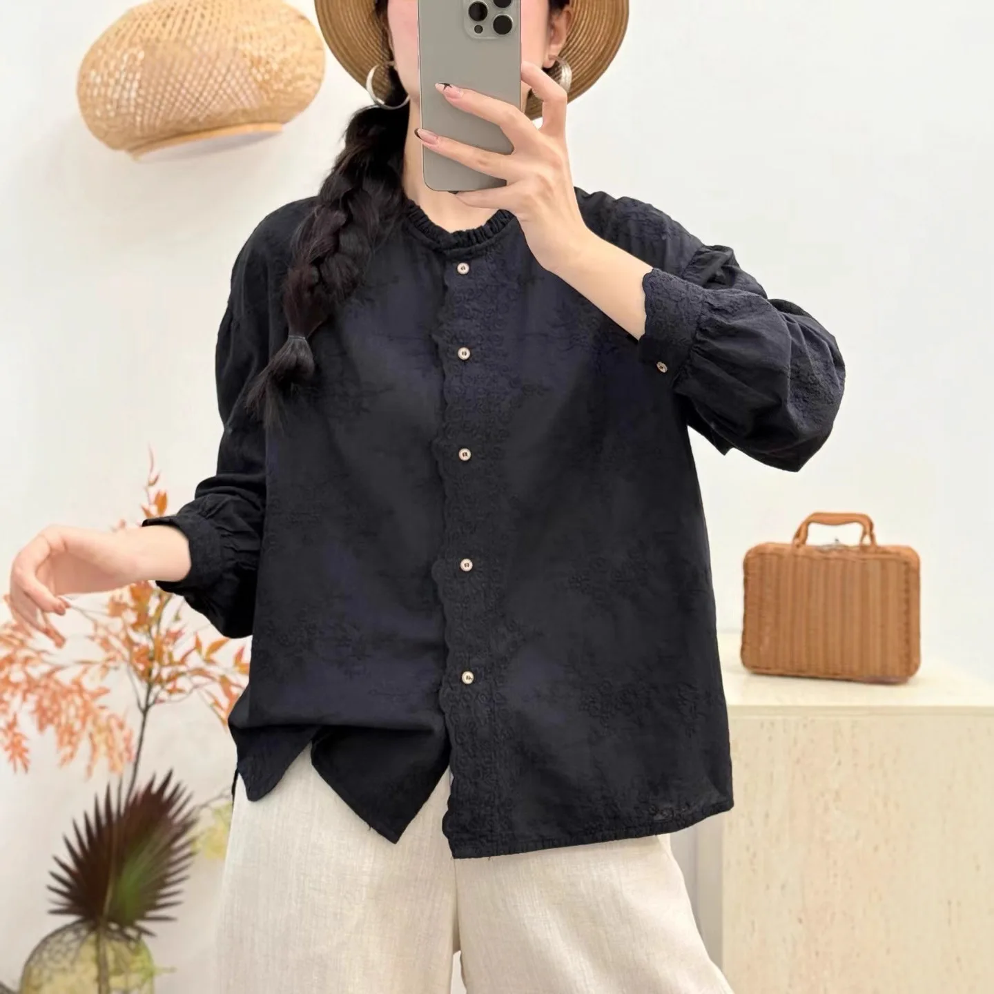 

Women Autumn New Sweet Mori Girl Stand Collar Long Sleeve Embroidery Cotton Shirts Solid Color Casual Loose Blouse Tops