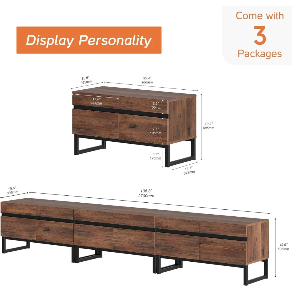 3 in 1 Modern TV Stand for TVs up to 110 inch, Wood Entertainment Center TV Console with Storage Cabinets and Metal Base