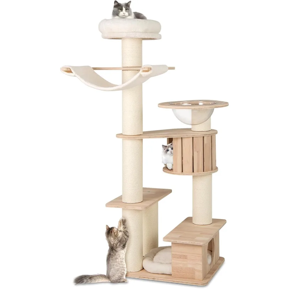 

69 Inch Tall Wood Cat Tree, Multi-Level Modern Cat Tower with 5.7 inch Scratching Posts,Double Cat Condos, Space Capsule,Hammock