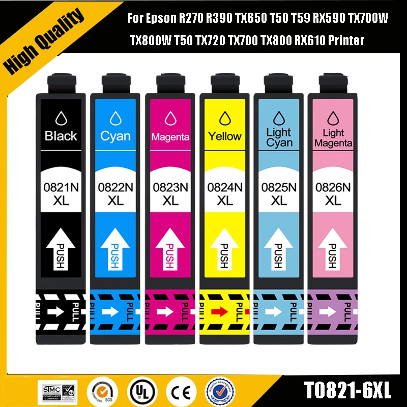 einkshop T0821 T0821N  Ink Cartridges For Epson R270 R390 TX650 T50 T59 RX590 TX700W TX800W T50 TX720 TX700 TX800 RX610