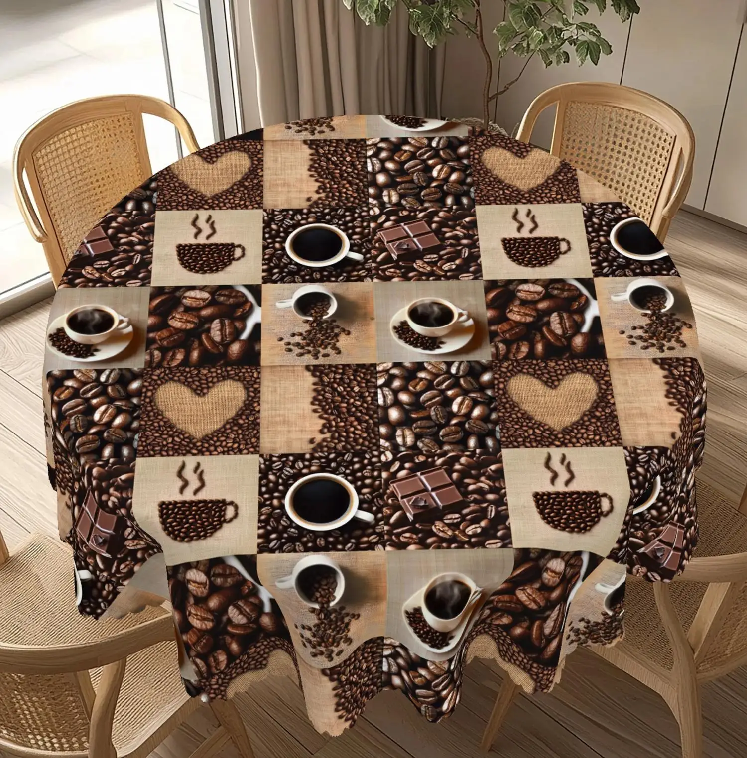 1 Piece of Coffee-Themed Round Tablecloth, Available in Various Sizes, Light Brown Background with Vintage Patchwork-Style Coffee Beans, Coffee Cups, and Heart-Patterned Prints, Round Decorative Tablecloth with Embossed Edges, Warm and Healing Style, Exclusive Tablecloth for Coffee Lovers, Suitable for Daily Home Dining Rooms, Cafes, Afternoon Tea Use, Casual Style Decoration, Home Decor
