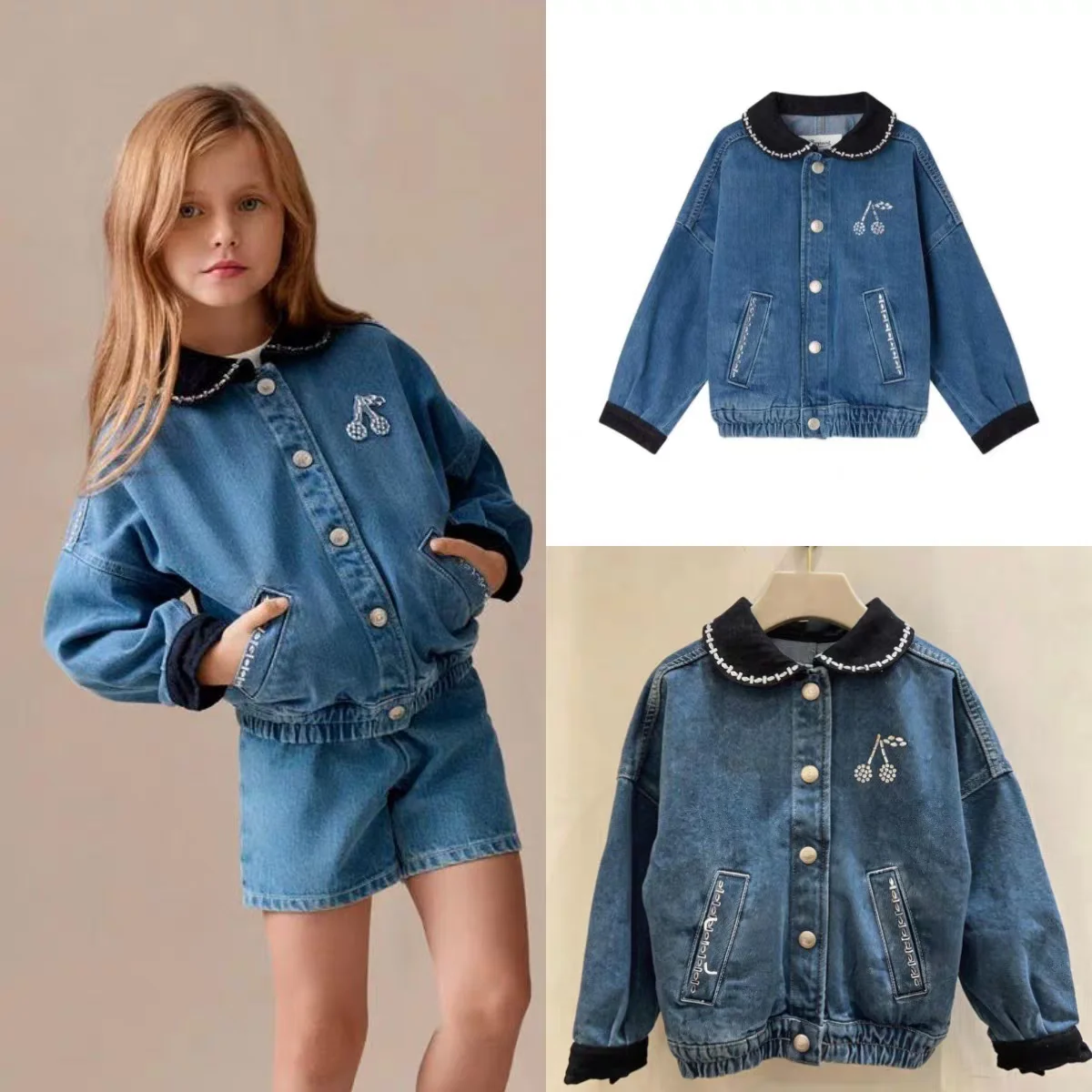 Children's Coat 2026 Winter New Cherry Fashion Korean Edition Girls Denim Jacket Cotton Thickened Warm Inlaid Rhinestone Jacket
