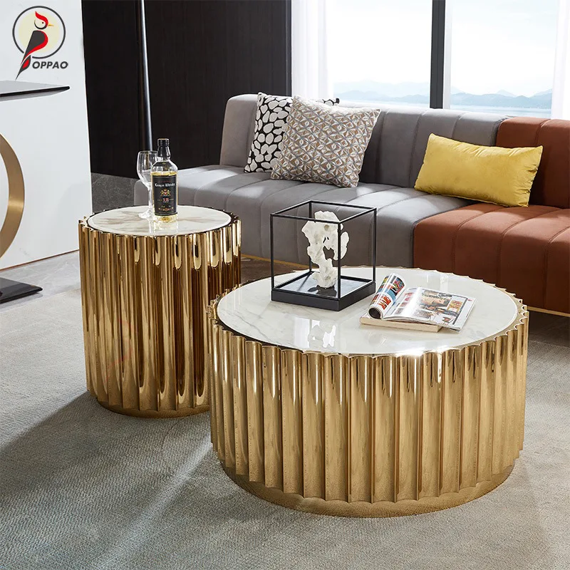 Italian light luxury coffee table marble round creative sofa edge stainless steel modern simplicity