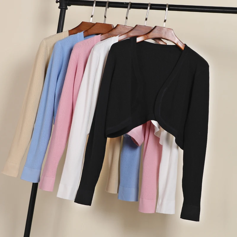 V-neck Summer Cardigan Women Basic Korean Fashion Style Jerseys Black Female Crochet Top Cropped Outerwear Cute Tops Blouses
