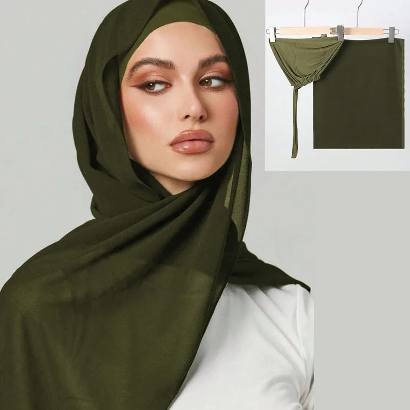 2pcs Women\'s Hijab Chiffon Scarf Elastic Bottom Cap Set Long Hijabs Musulmans Adjustable Breathable Base Caps Undercap