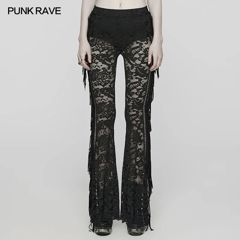 

PUNK RAVE Women's Gothic Stretch Pattern Mesh Lace Trousers Sexy See-through Slim-fitting Flared Pants Spring/Summer 2 Colors