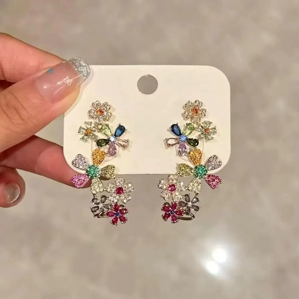Colorful Design Flower Earrings Exquisite Craftsmanship Sweet Style Zircon Earrings Shiny Appearance Full Diamond