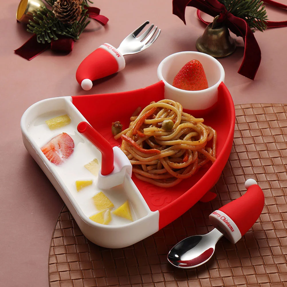 4 Piece Christmas Hat Silicone Divided Plates Fork Spoon Toddler Baby Tableware Set Safe Heat Resistant Dishwasher Easy Clean