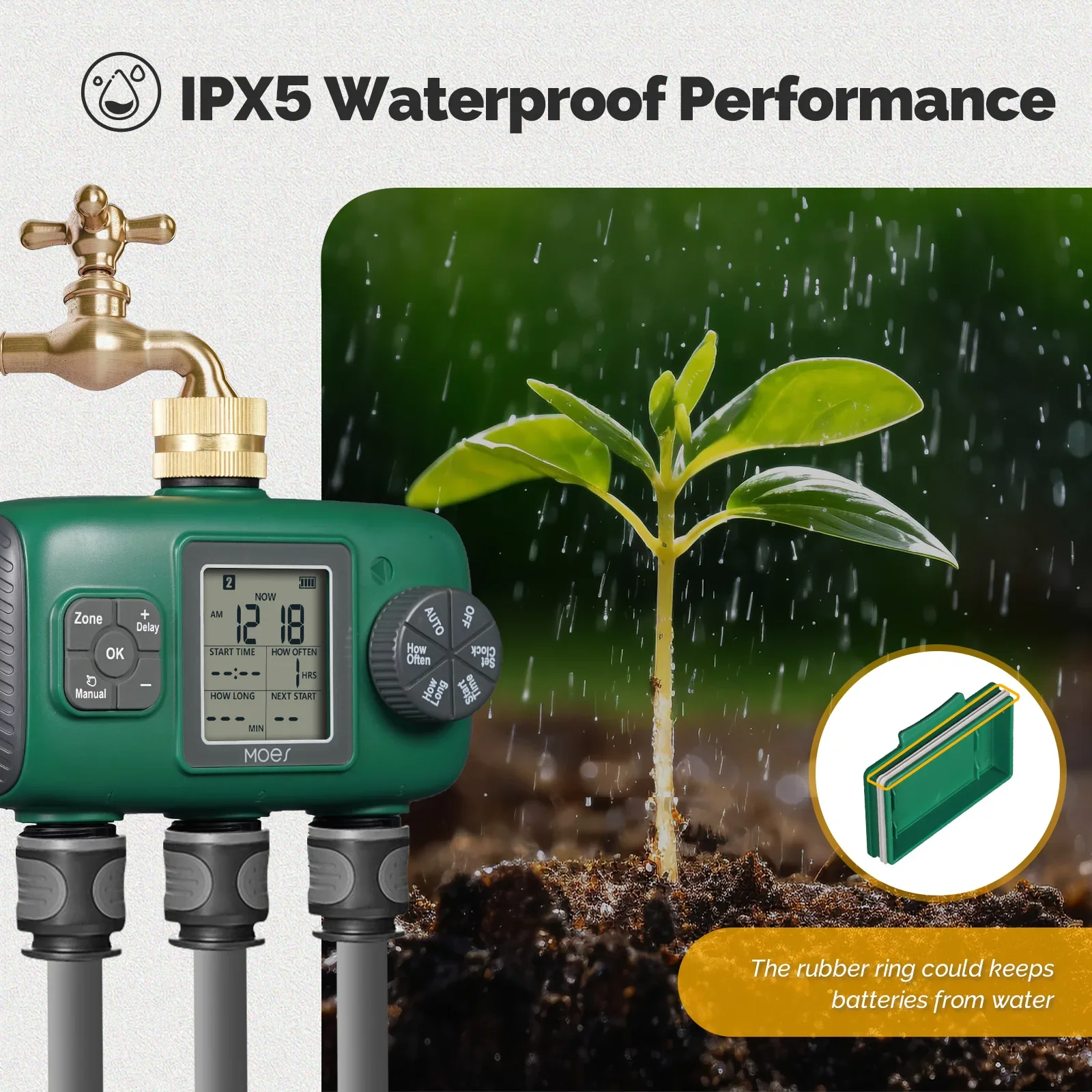 MOES 3-Outlet Smart Water Timer Brass Inlet IPX5Waterproof  Knob Button Automatic Irrigation LCD Display Screen Garden Sprinkler