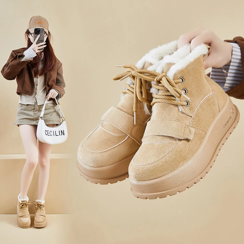 المرأة الشتاء جولة تو التمهيد سميكة القاع أحذية بوت قصيرة الدافئة صوف مبطن زيادة أحذية الثلوج الدافئة والأكثر مبيعا #1