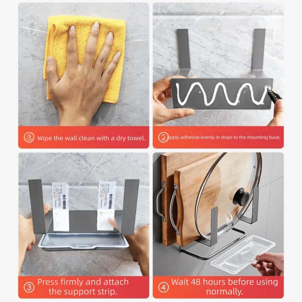 

Wall Mounted Pot Lid Rack Space Saving with Drain Tray Kitchen Storage Rack No-Drill Sturdy Cutting Board Holder Balcony Storage