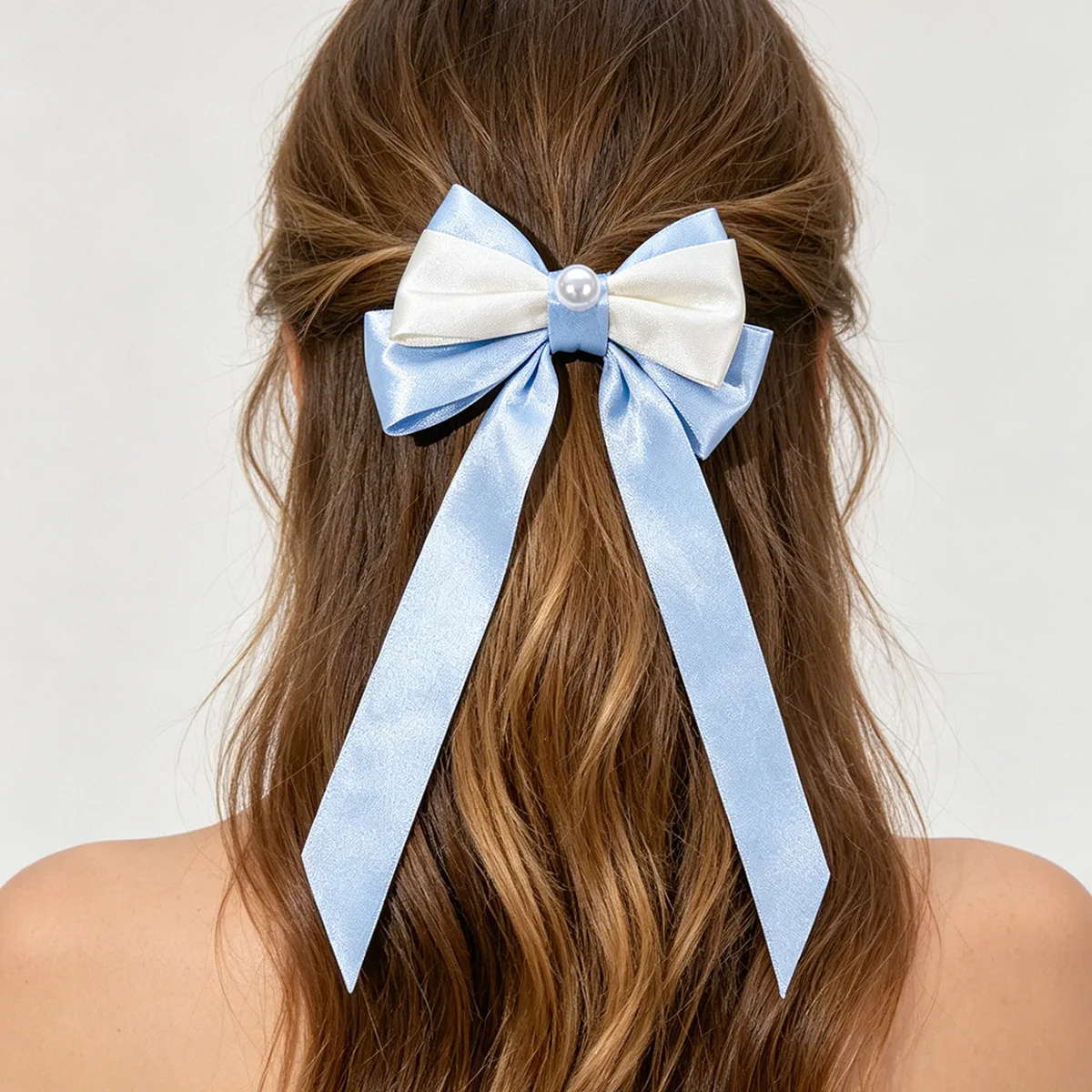 30pc Long Tassel Satin Ribbon Bow Hair Clips with Pearl Center for Women And Girls French Style Hairgrips Bulk Hair Accessories