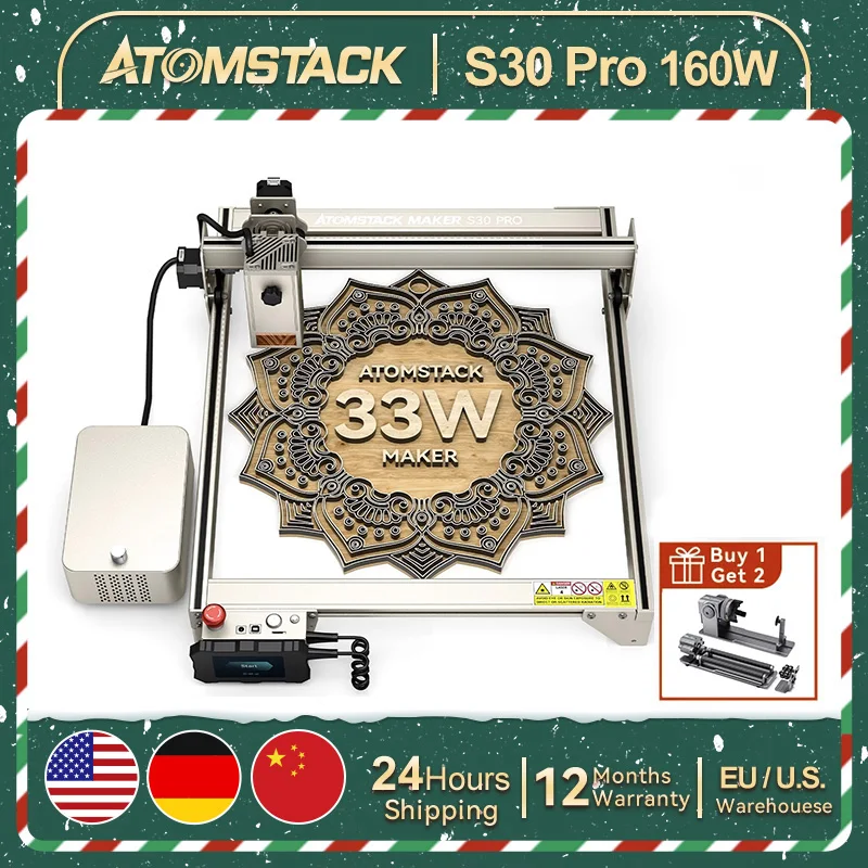 AtomStack S30 A30 X30 Pro Laser Engraver Cutting Machine 33W Optical Output W/Dual Air Assist APP Control Offline Engraving