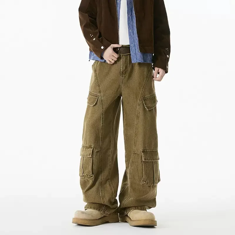 Autumn and Spring Fashion Solid Color American Vintage Multi-pocket Denim Work Pants Men's Casual Loose Sports High-grade Pants