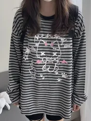 Houzhou y2k harajuku listrado retalhos hoodies feminino estilo japonês grunge gótico dos desenhos animados impressão solta moletom 2024 menina macia