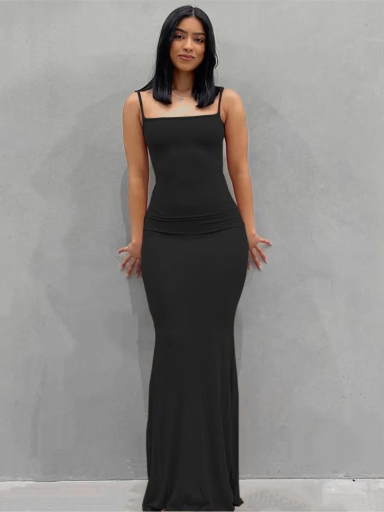 Mulheres vestidos longos sexy festa de casamento noite cinta espaguete bandagem vestido longo cetim deslizamento sólido magro trompete preto vestidos