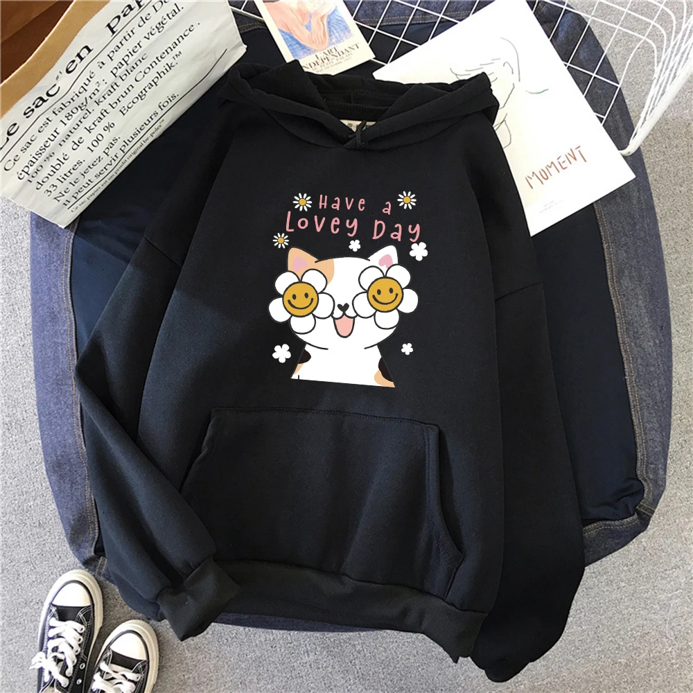 Have A Lovey Day Happy Cartoon Cat Prints Women Hoodie Vintage Autumn Streetwear Soft Comfortable Hoody Fleece Pocket Pullover