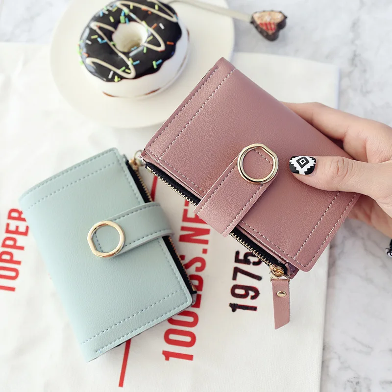 Fashion Short Women Wallet Solid Zipper PU Leather Top Quality Card Holder Round Ring Coin Purses Large Capacity Money Clip