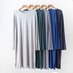 2024 Modal Men's Round Neck Long Sleeve Nightgown Sleepwear Clothes Mid-long Knee Length Soft and Comfortable Nightwear Dresses