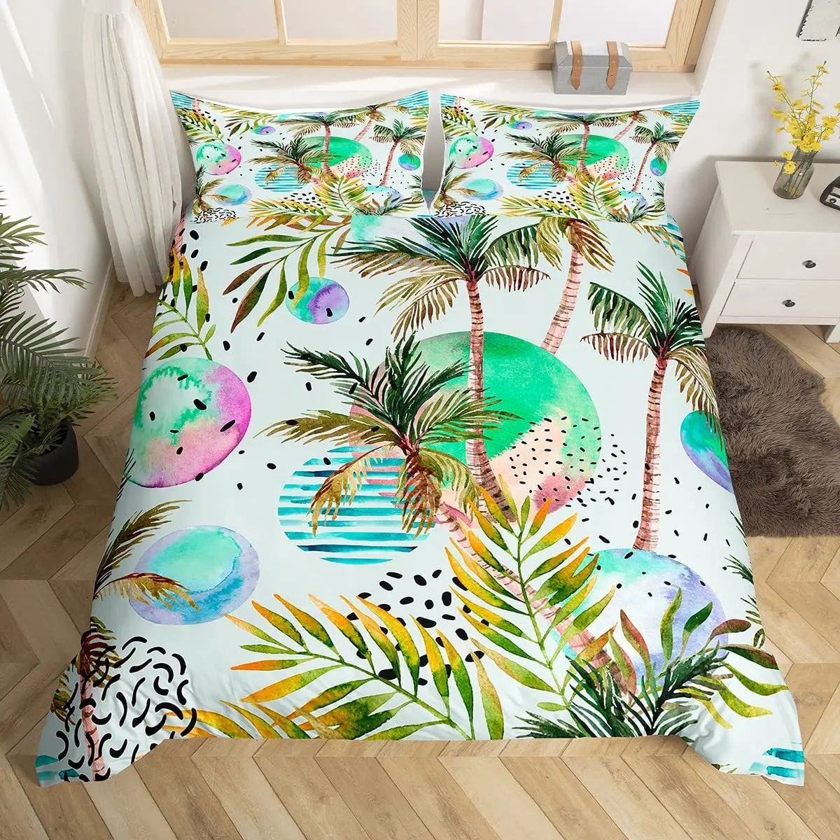 

Palm Tree Duvet Cover King Tropical Leaves Comforter Cover Watercolor Style Bedding Set Polyester Quilt Cover with 2 Pillowcases