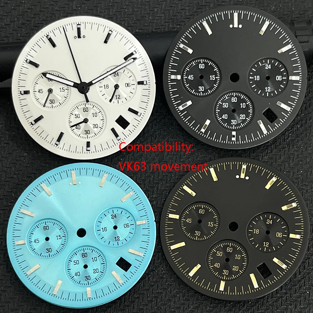 32.5MM compatible with VK63 movement dial green luminous multi-functional chronograph watch replacement parts