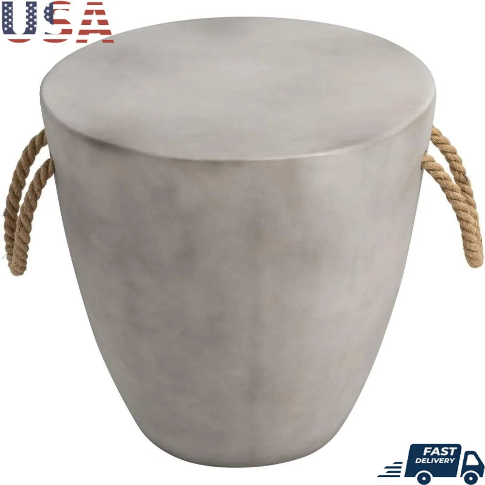

Concrete Round End Table Outdoor Side Table Modern Accent Table with Hemp Rope Handles Living Room Patio Balcony Garden