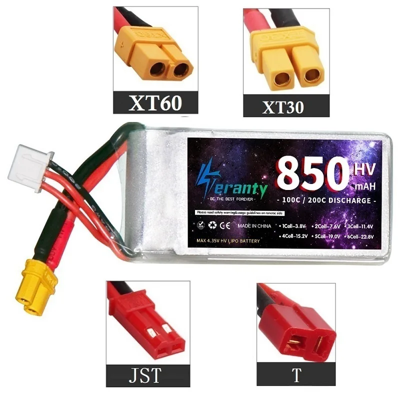 2/4PCS TERANTY HV Battery 850mAh 2S 7.6V 100C LiHV Lipo Battery XT30 XT60 Plug For Racing Car RC Drone Helicopter Aircraft FPV