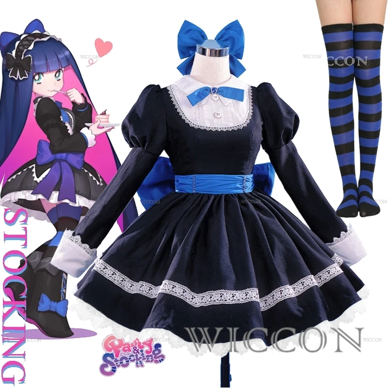 Anime Panty & Stocking With Garterbelt Younger Sister Anarchy Stocking Maid Cosplay Costume Gothic Lolita Dress Wig Long Socks