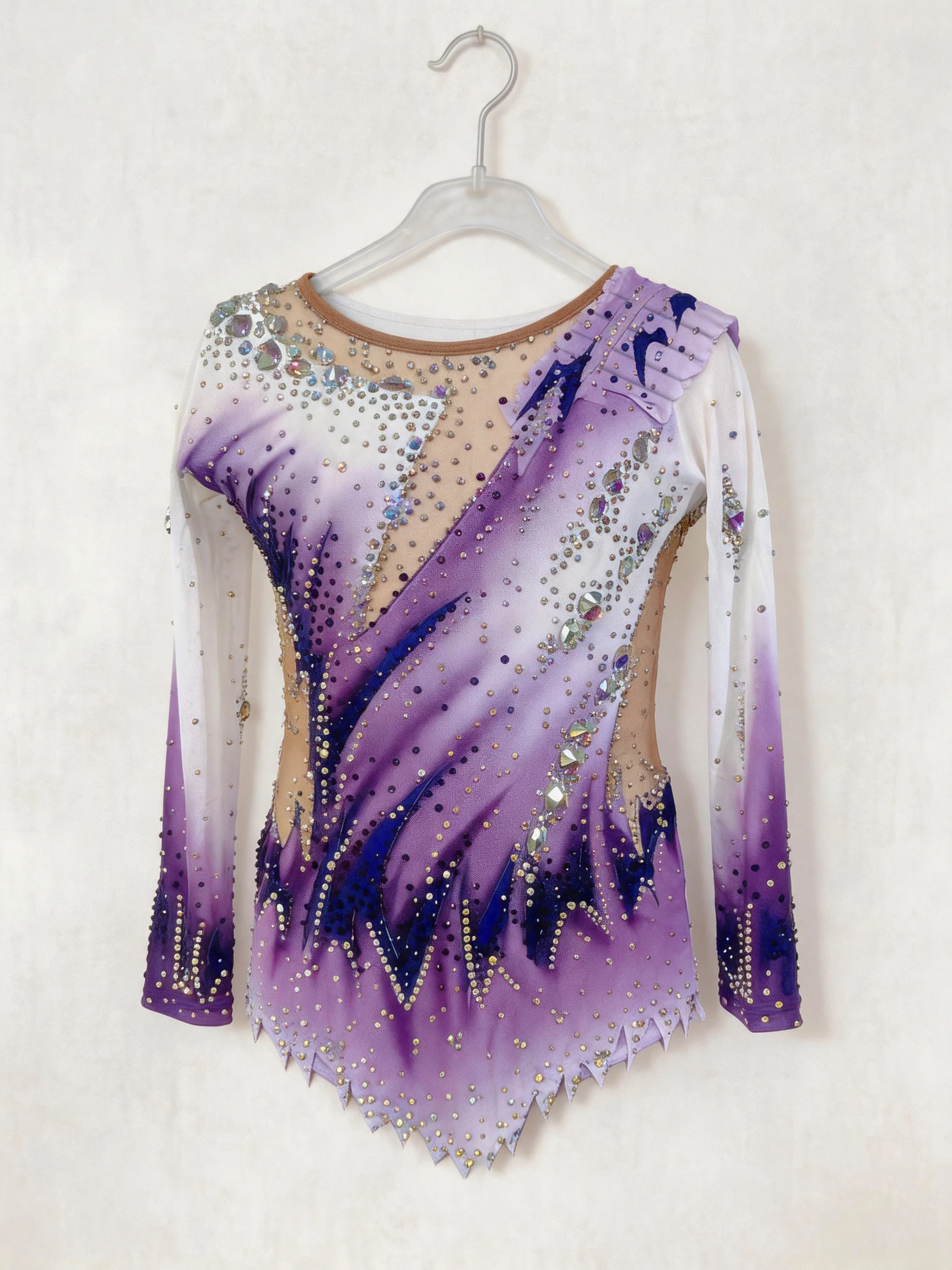 Maillot de Gimnasia Rítmica de Lujo para Niñas, Color Morado Degradado, Manga Larga, con Pedrería Brillante, Vestido de Patinaje para Competencia y Actuación
