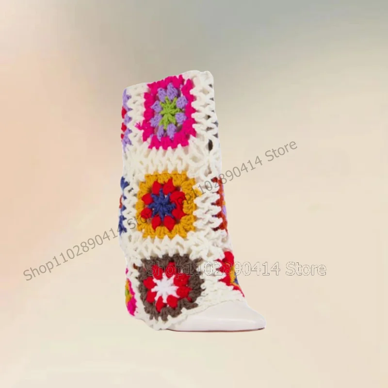 

Knitted Flower Design White Pointed Toe Boots Slip On Women Shoes Thin High Heels Fashion Party Banquet 2025 Zapatos Para Mujere