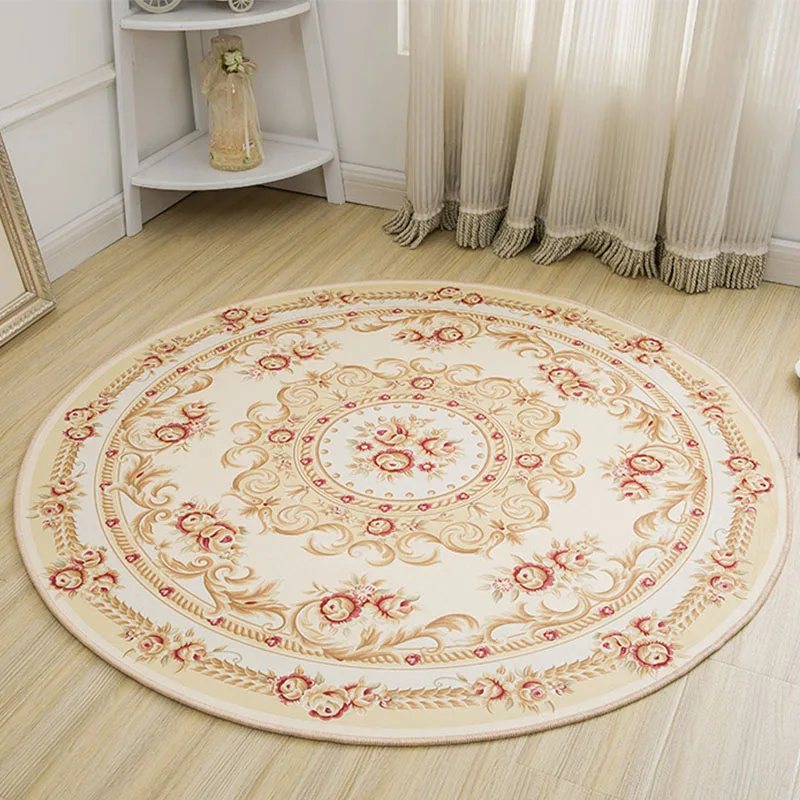 European Style Printed Round Carpet Retro Living Room Flower Floor Mat Sofa Coffee Table Balcony Bedroom Area Rug Non-Slip Mat