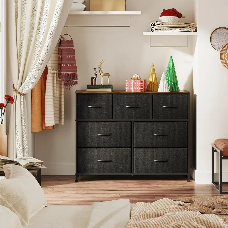 Entertainment Center with Fabric Drawers, Media Console Table with Metal Frame and Wood Top for TV up to