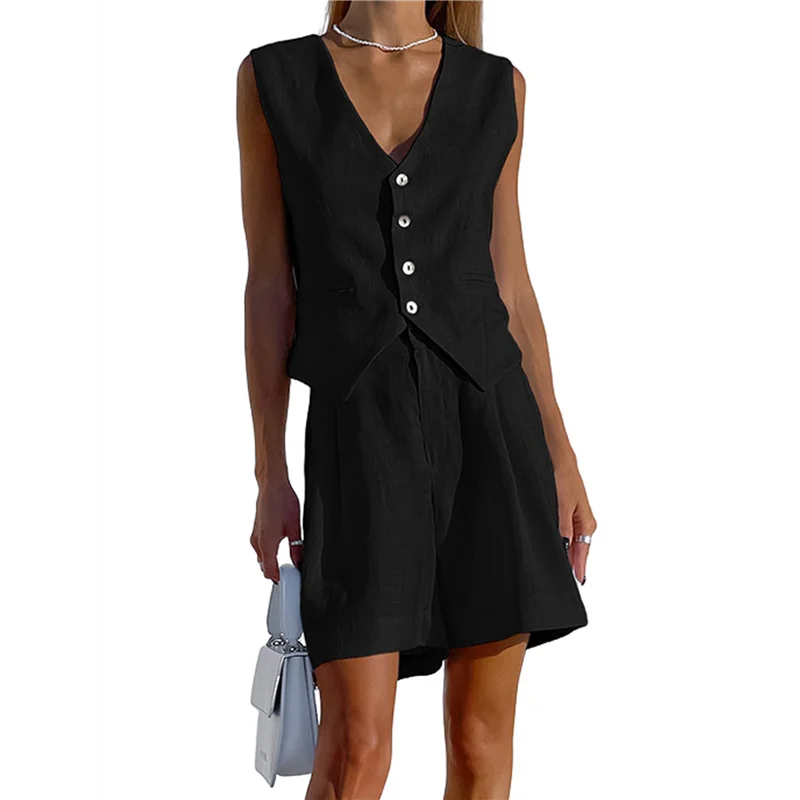 

A83F-Two Piece Sets For Women Summer 2025 Button Down Suit Vest Tops High Waisted Shorts Business Casual Outfits