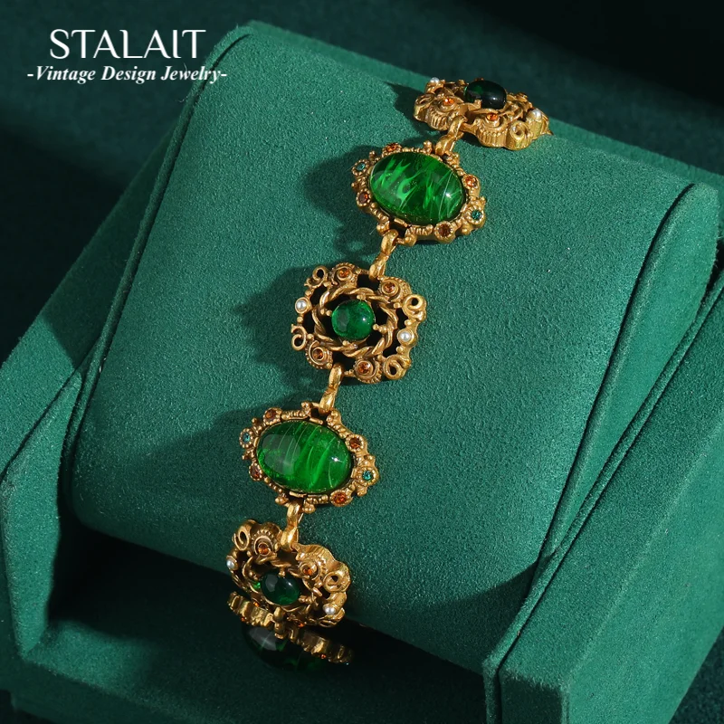 

Vintage Gold Color Green Agate Bracelets For Women Natural Stone Colorful Rhinestones Round Antique Jewelry Accessories Boho